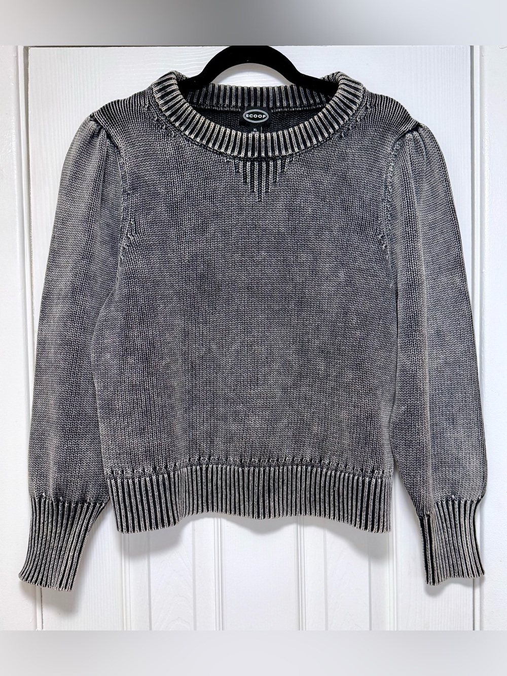 Scoop Black Acid Wash Puff-Sleeve Crewneck Sweater